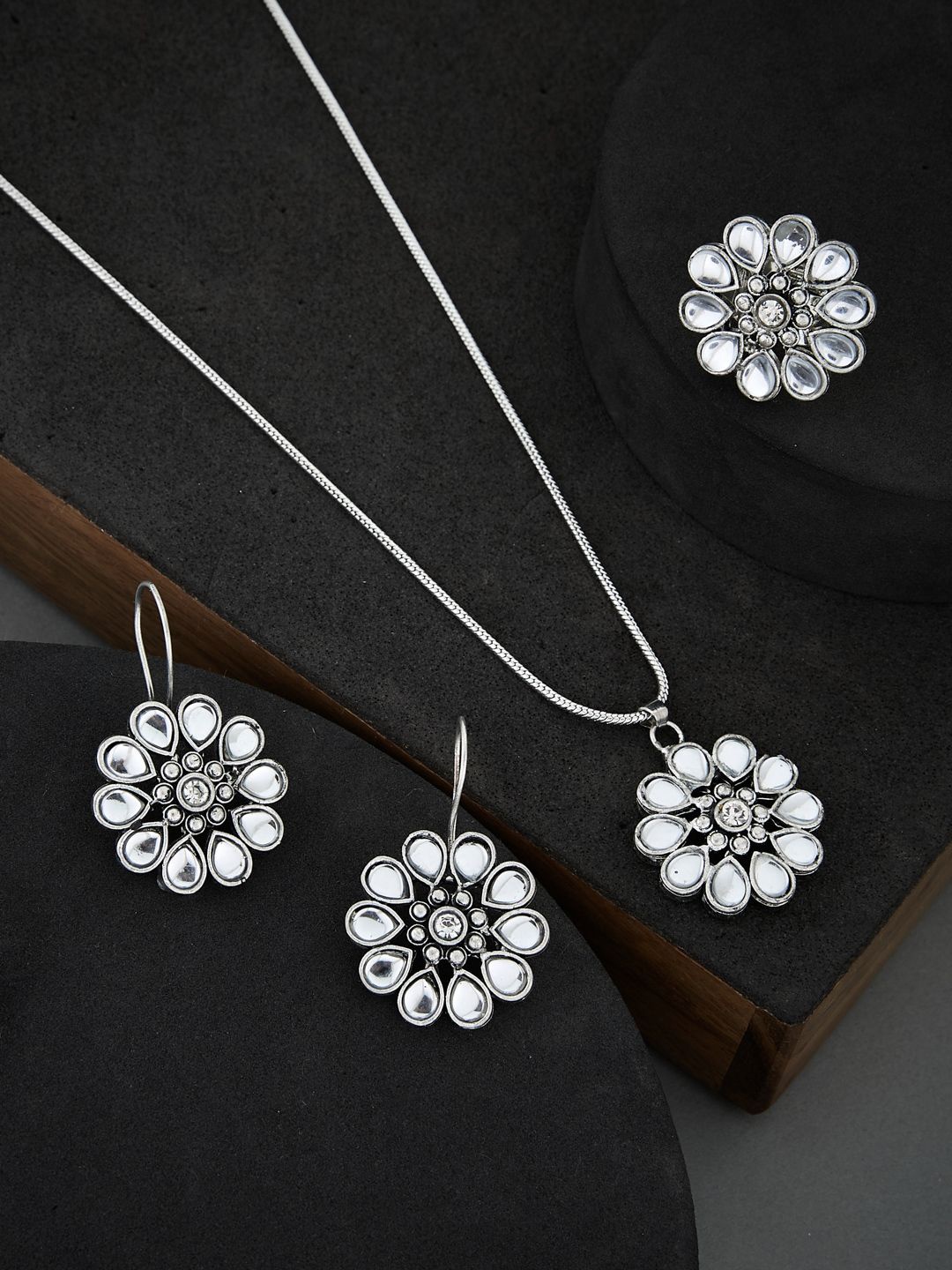 

ATIBELLE German Silver-Plated Stone Studded Jewellery Set