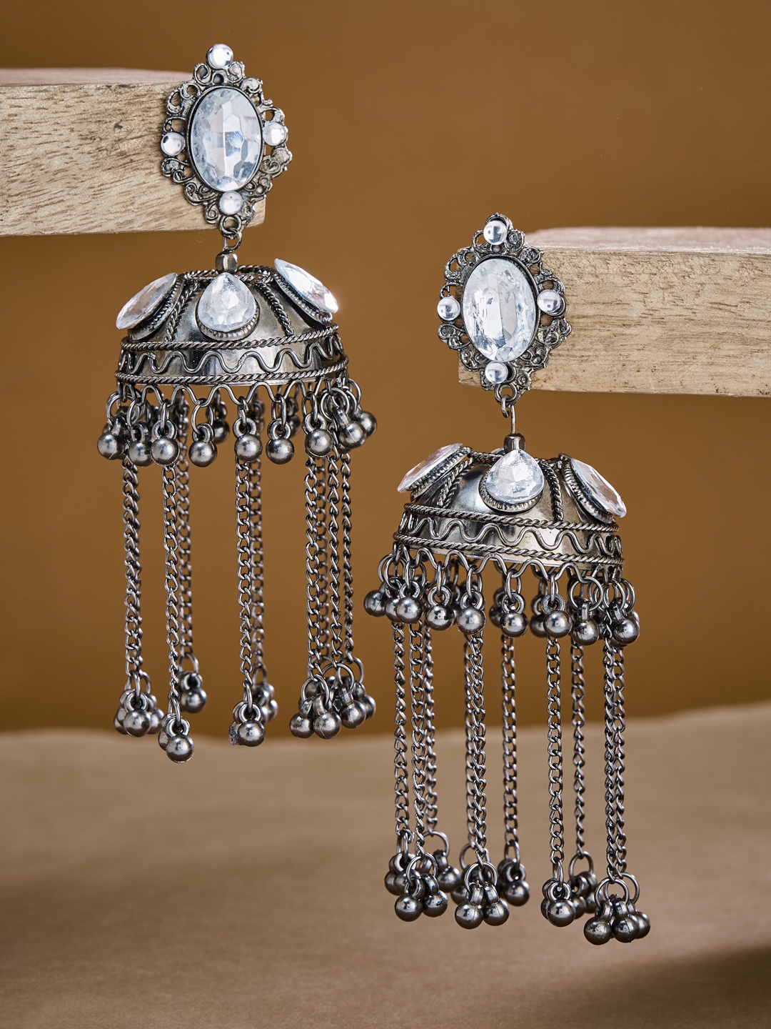 

ATIBELLE Silver-Plated Stone Studded Dome Shaped Jhumkas