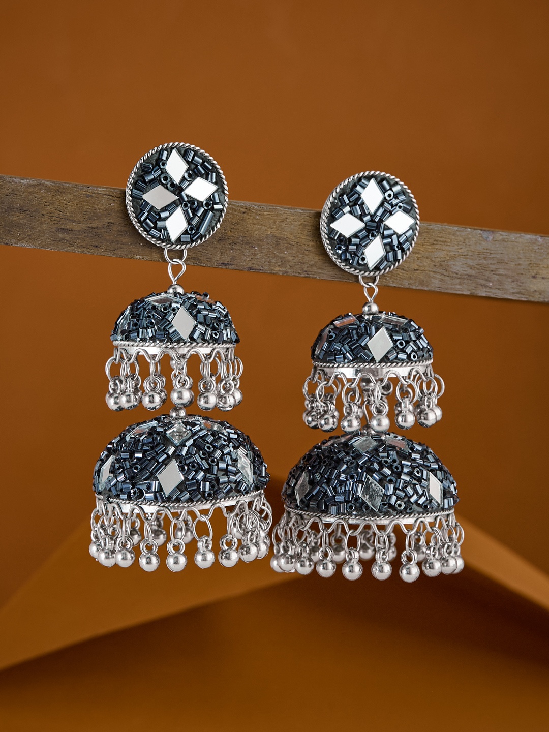 

ATIBELLE Silver-Plated Beaded Dome Shaped Jhumkas