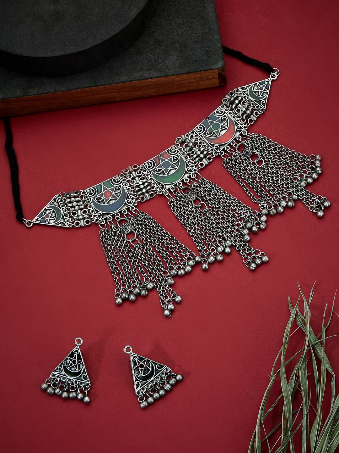 

ATIBELLE German Silver-Plated Meenakari Ghunghroo Stone Studded Jewellery set