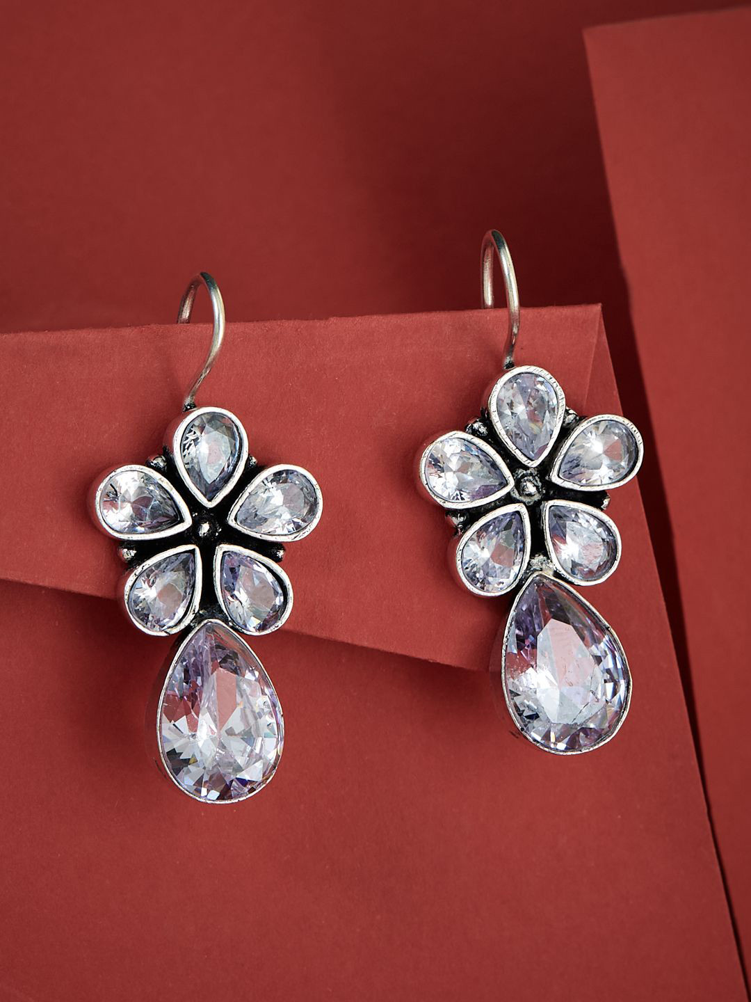 

ATIBELLE Silver-Plated Stone Studded Floral Drop Earrings