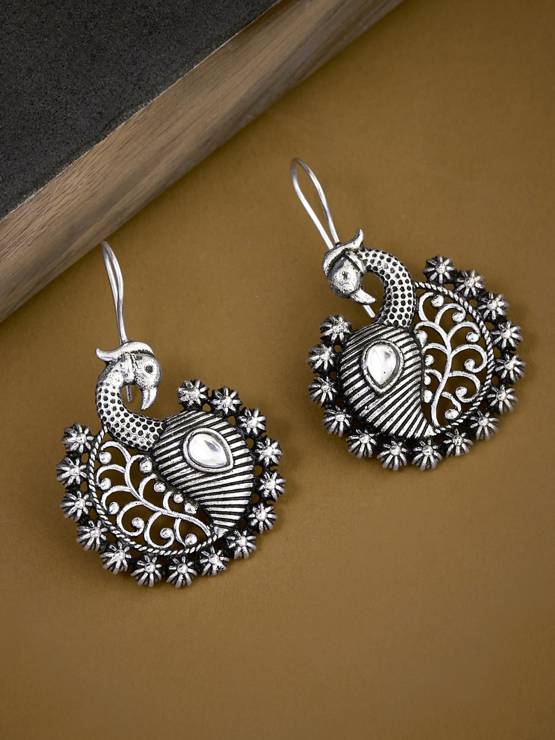 

ATIBELLE Silver-Plated Stone Studded Peacock Shaped Drop Earrings