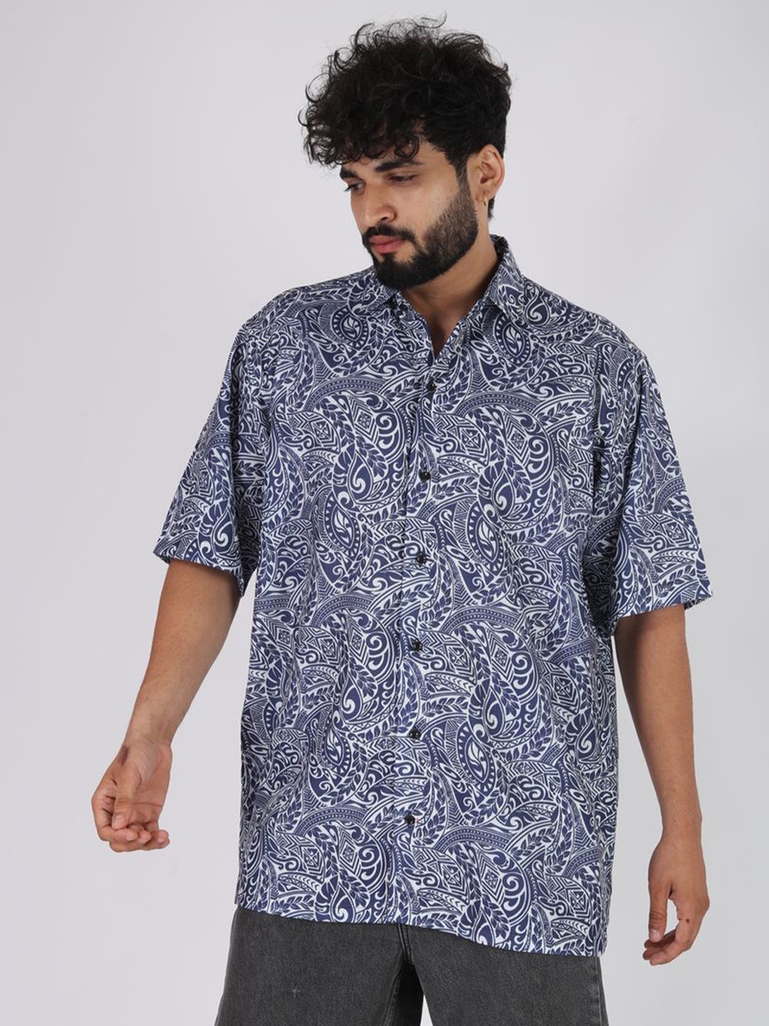 

BROWN BROTHERS Relaxed Ethnic Motifs Printed Short Sleeves Oversized Casual Shirt, Blue