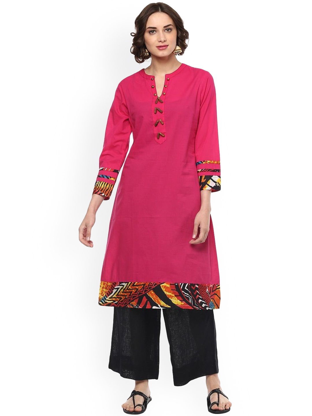 

Pannkh Notched Neck Beads and Stones Cotton A Line Kurta, Pink