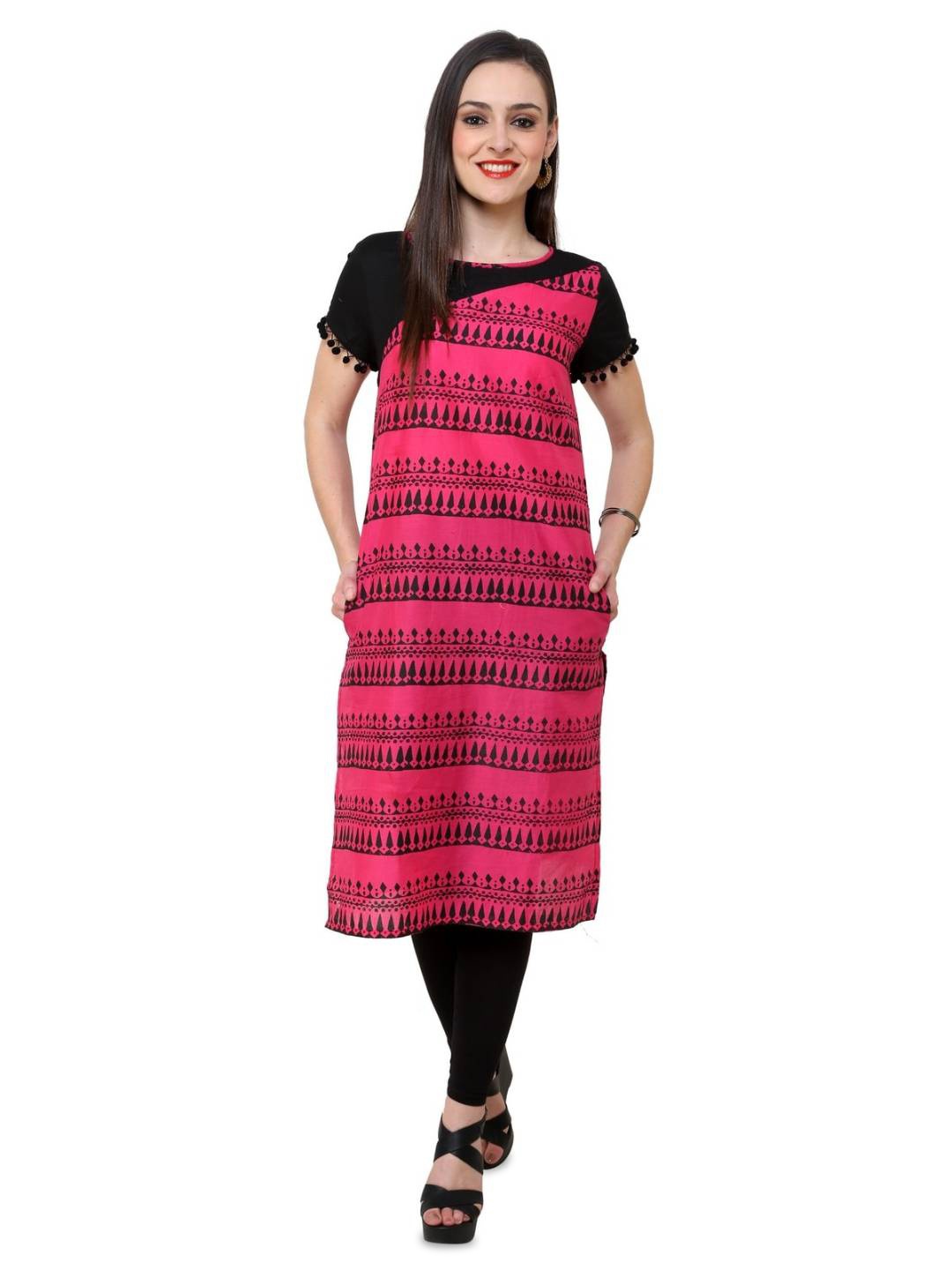 

Pannkh Boat Neck Short Sleeves Printed Cotton Straight Kurta, Pink