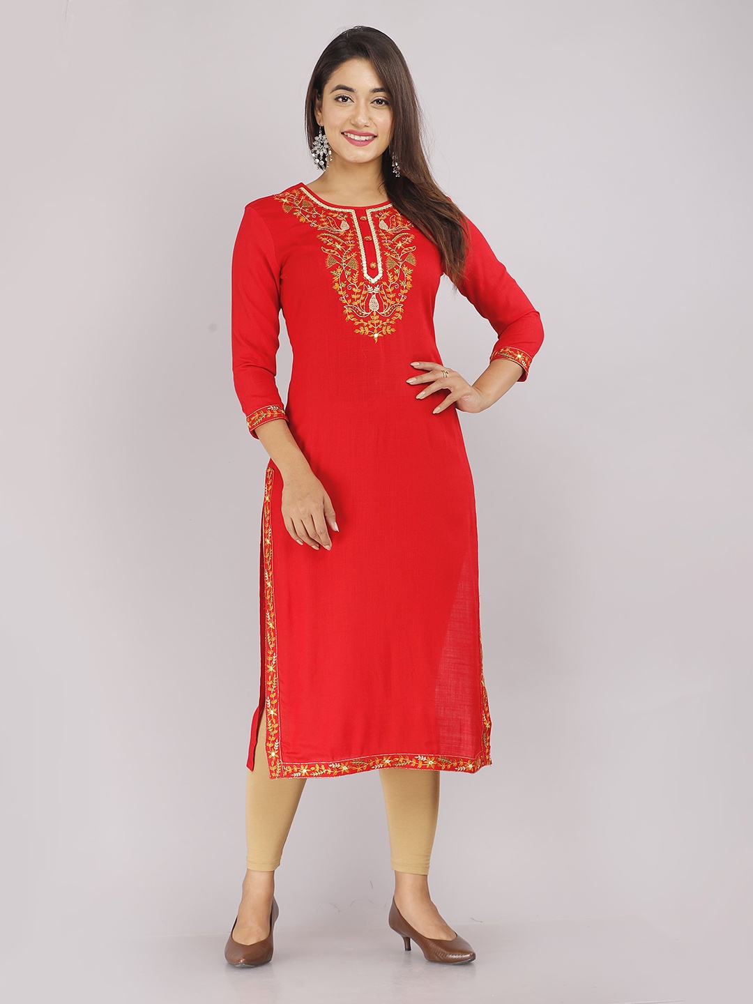 

STYLE ANGEL Floral Yoke Design Round Neck Thread Work Straight Kurta, Red