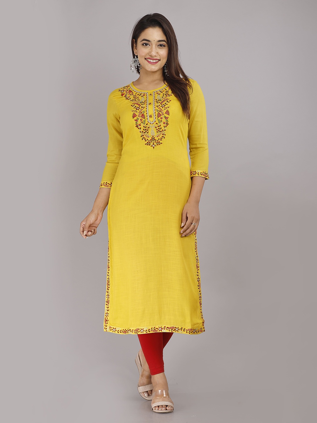 

STYLE ANGEL Floral Yoke Design Round Neck Thread Work Straight Kurta, Mustard