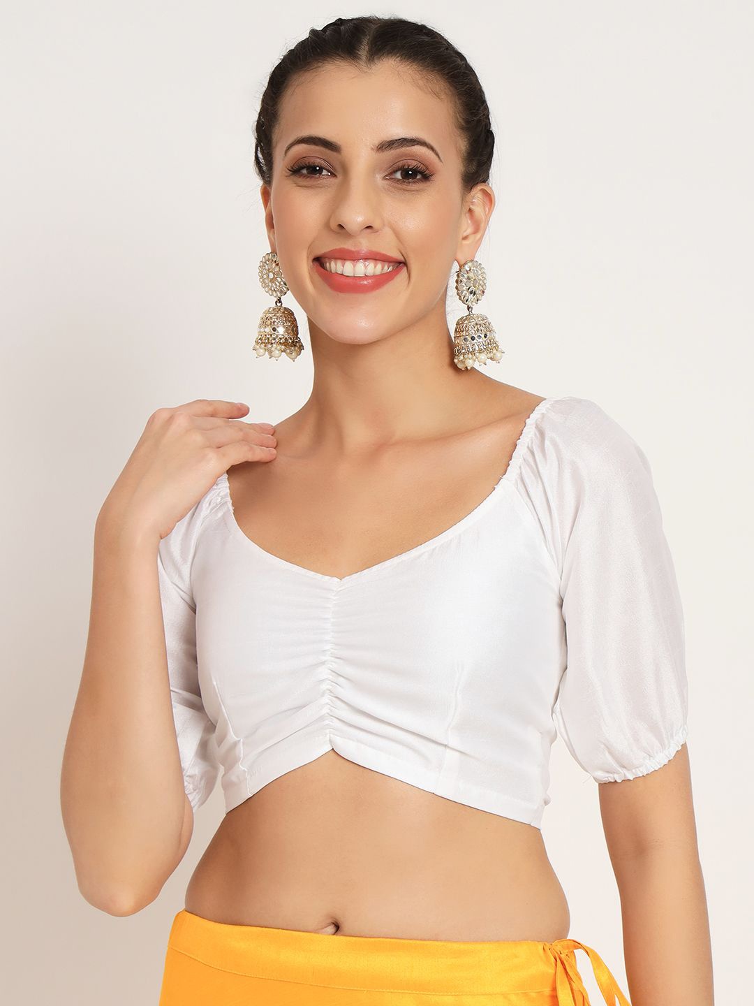 

studio rasa V-Neck Puff Sleeves Crop Blouson Top, White