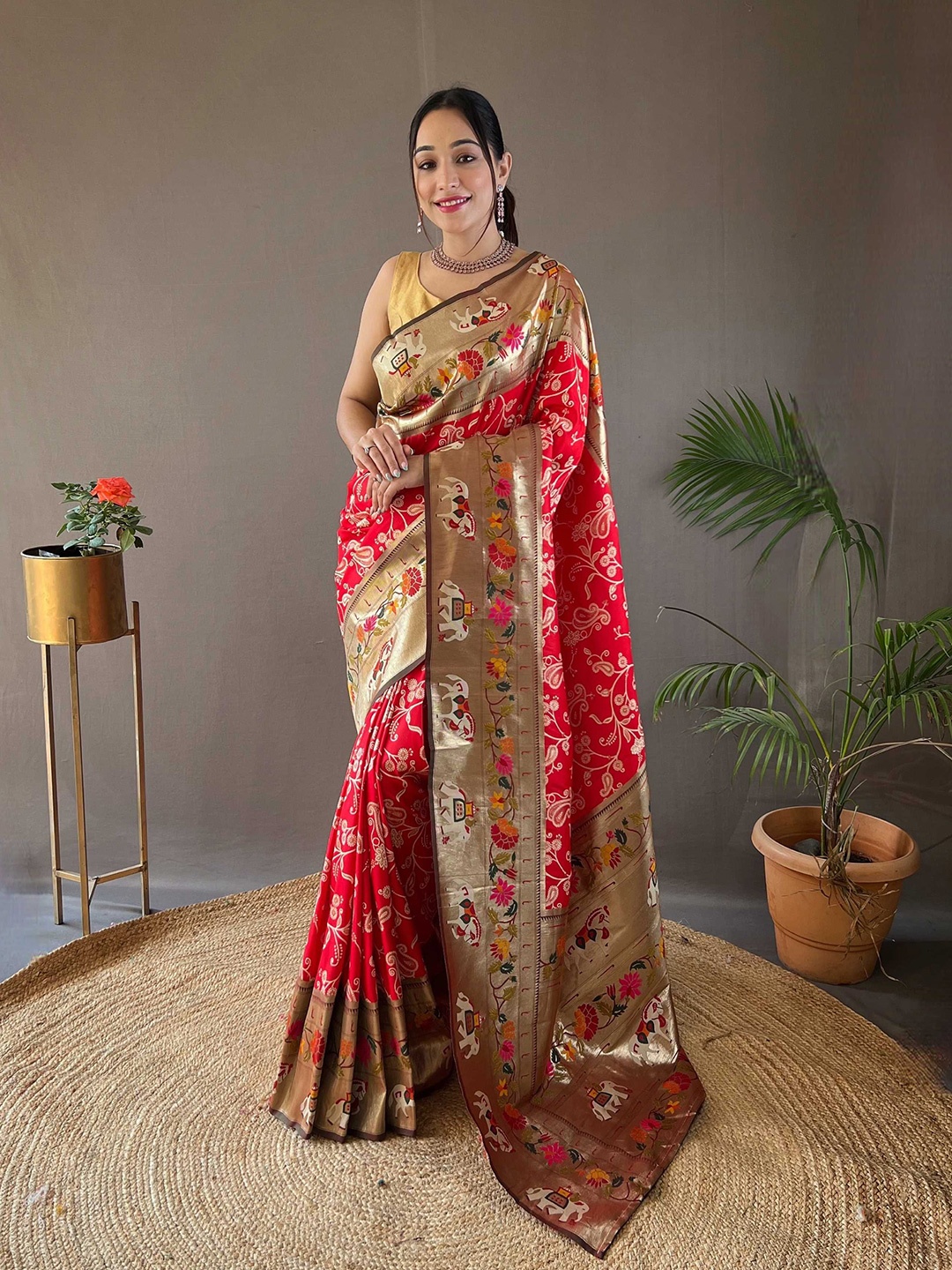 

Mitera Woven Design Zari Paithani Saree, Red