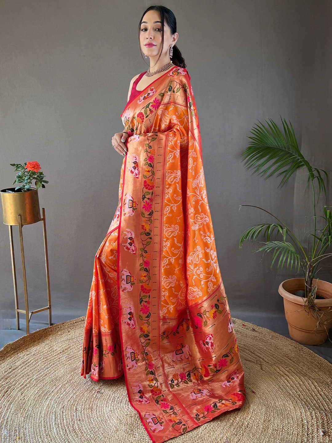 

Mitera Woven Design Zari Paithani Saree, Orange