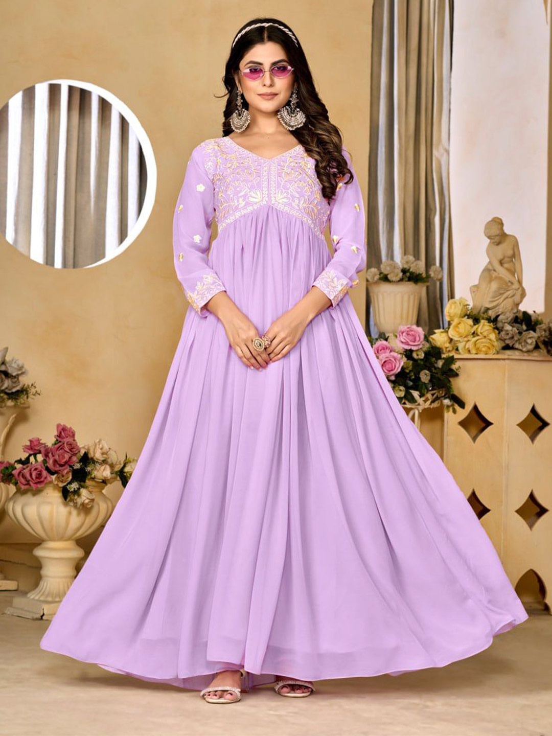 

YOYO Fashion V-Neck Embroidered Georgette Maxi Fit & Flare Party Wear Dress, Lavender