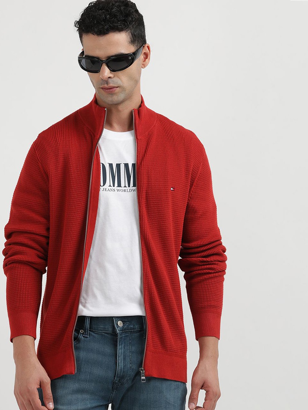 

Tommy Hilfiger Mock Collar Long Sleeve Front Open Sweater, Red