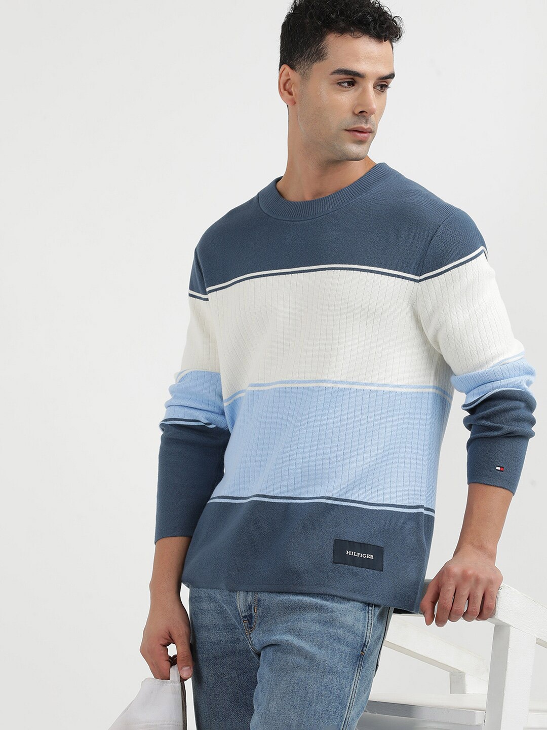 

Tommy Hilfiger Round Neck Long Sleeves Colourblocked Cotton Pullover, Blue