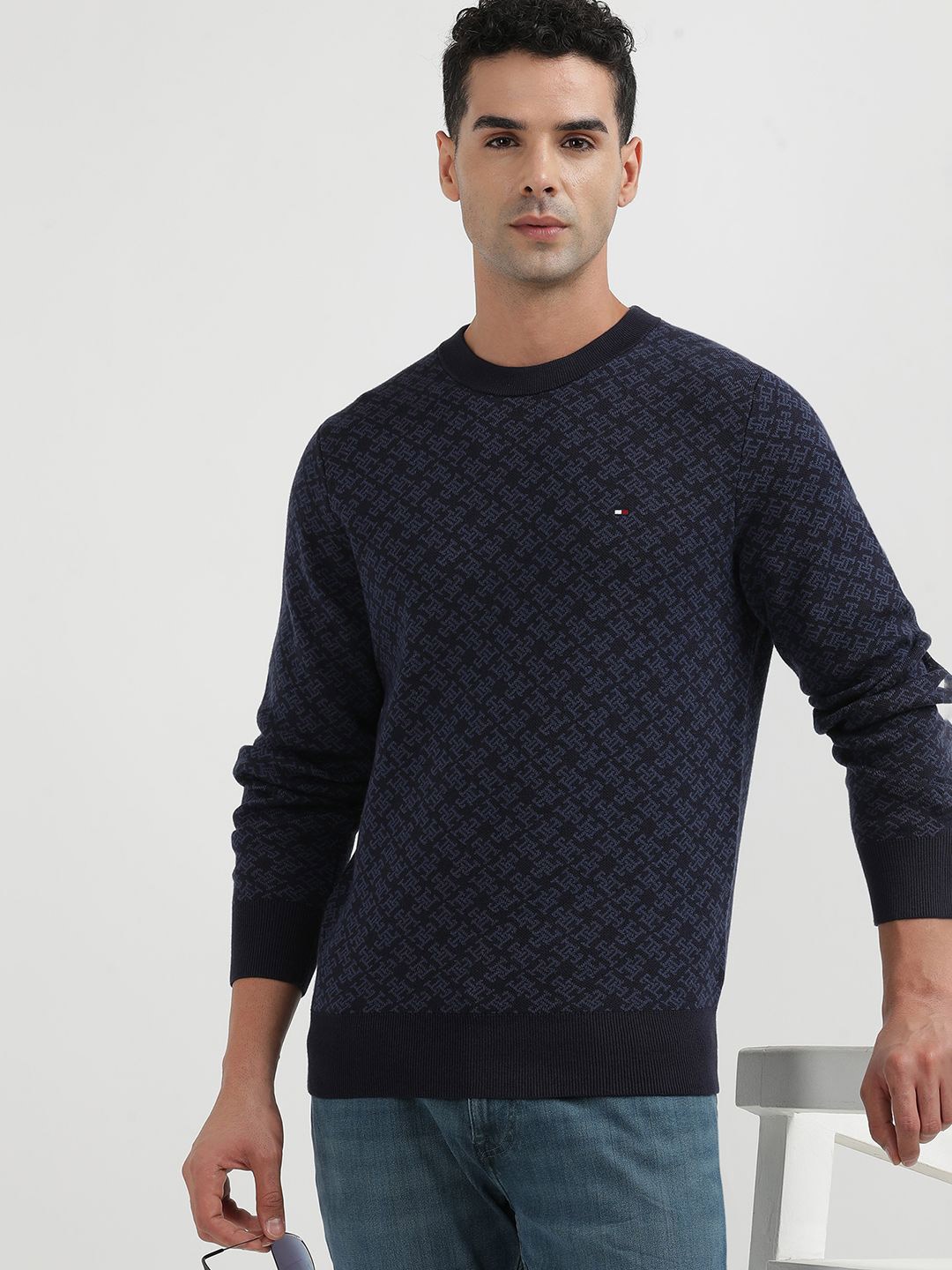 Tommy Hilfiger Self Design Organic Cotton Pullover Sweater, Blue
