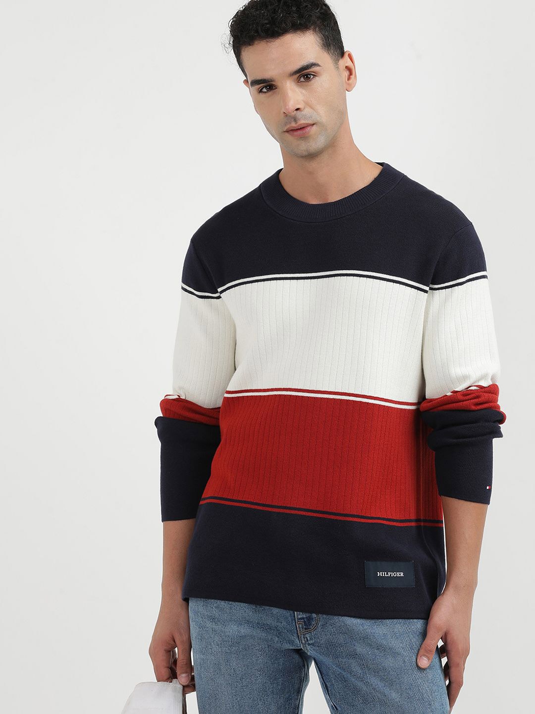 

Tommy Hilfiger Colourblocked Round Neck Organic Cotton Pullover Sweater, Blue