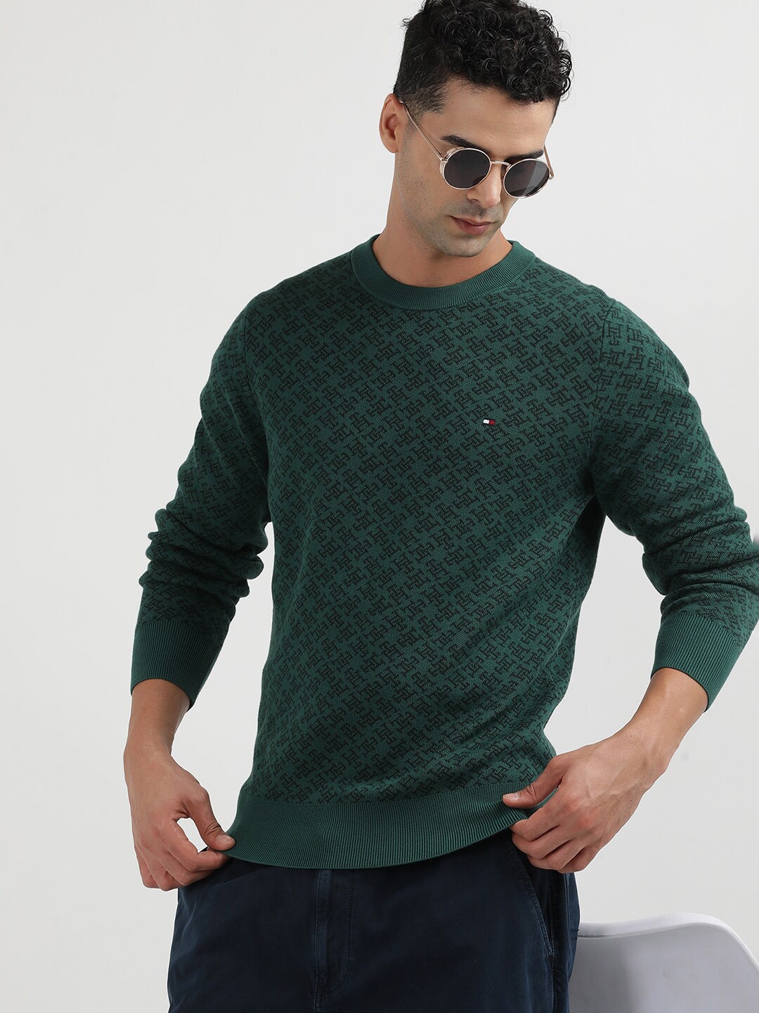 

Tommy Hilfiger Round Neck Printed Cotton Pullover, Green