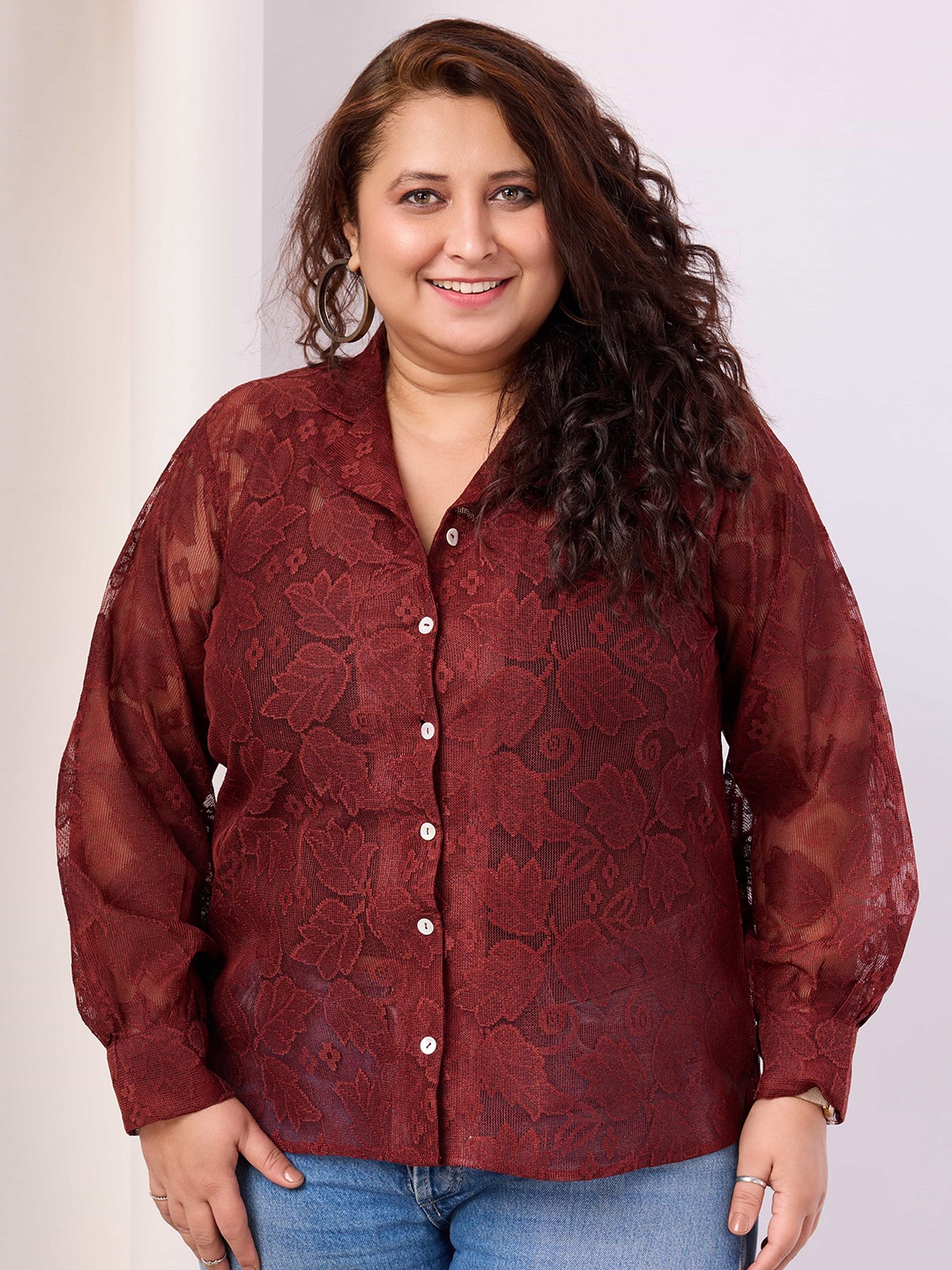 

RACHNA Plus Size Standard Cuban Collar Self Design Party Shirt, Maroon