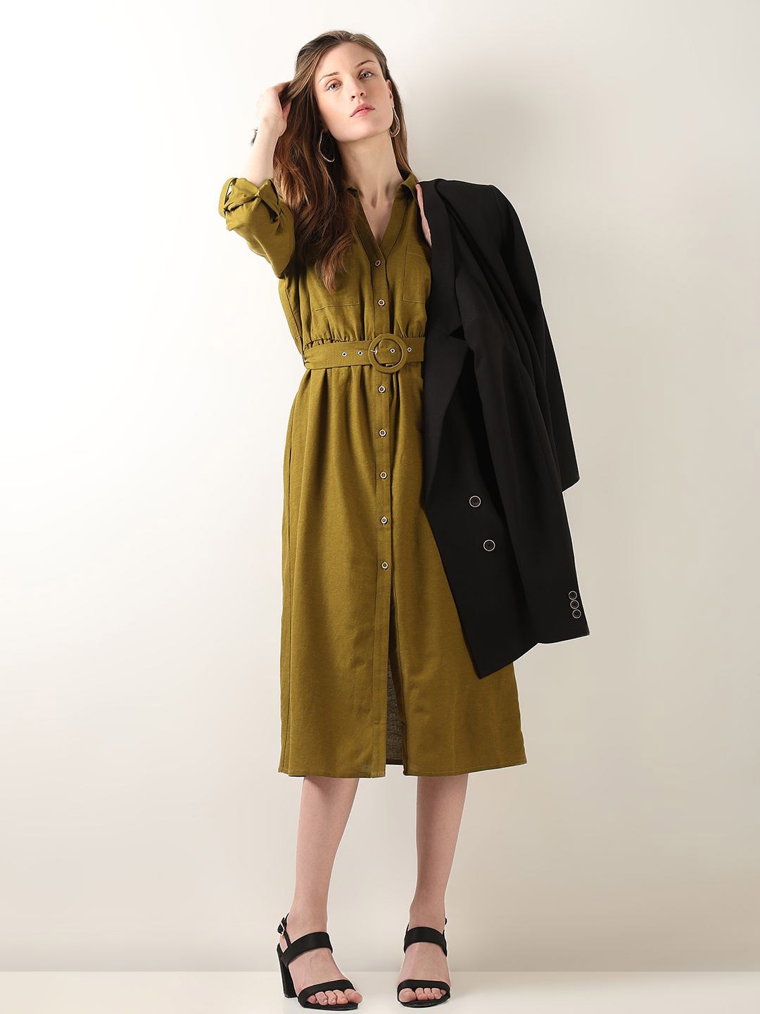 

Vero Moda Women Shirt Collar Shirt Midi Dress, Green
