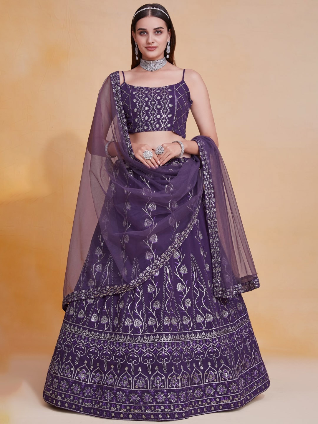 

JIHU CULTURE Embroidered Sequinned Semi-Stitched Lehenga & Blouse With Dupatta, Purple