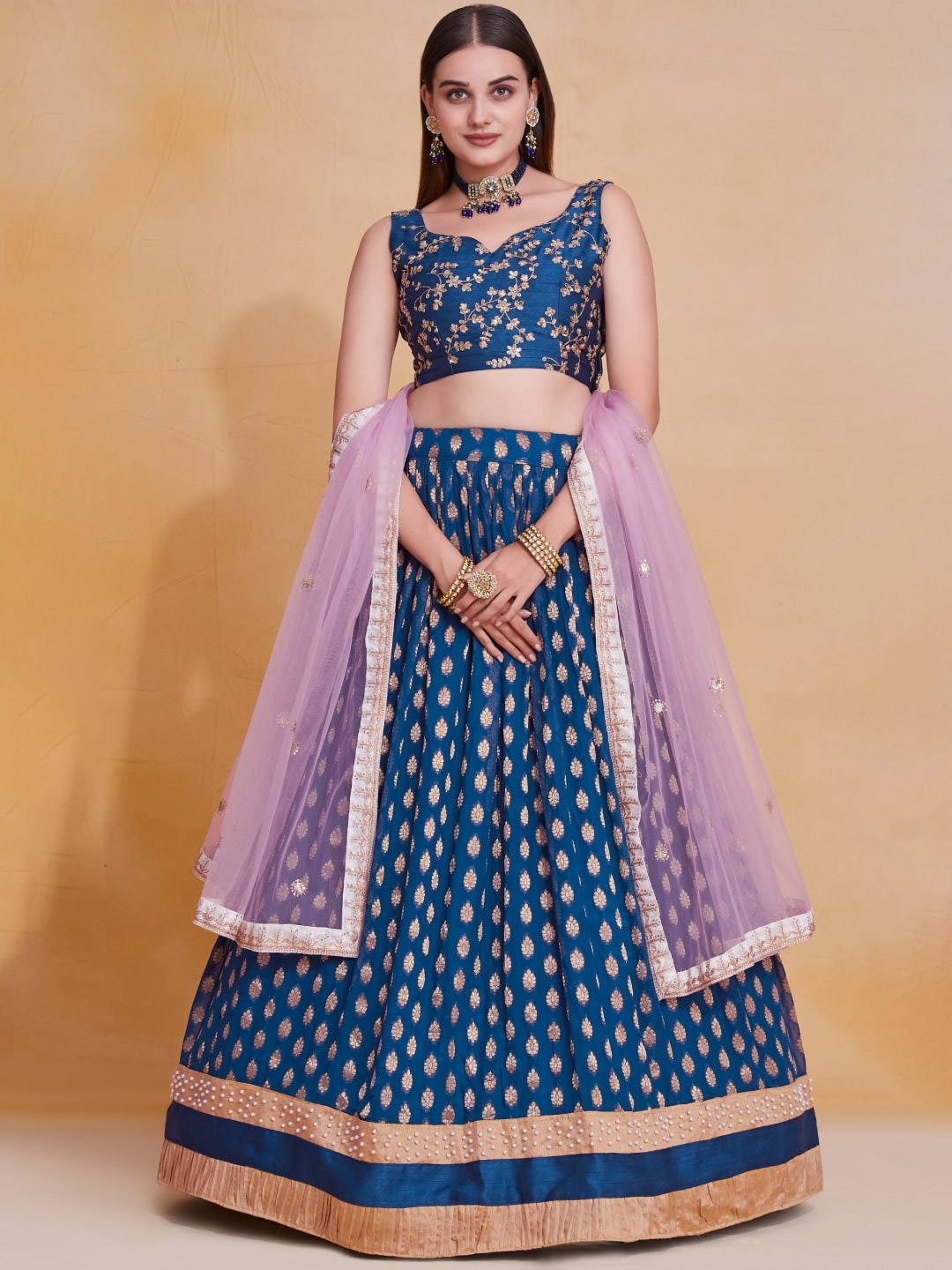 

JIHU CULTURE Embroidered Semi-Stitched Lehenga & Blouse With Dupatta, Blue