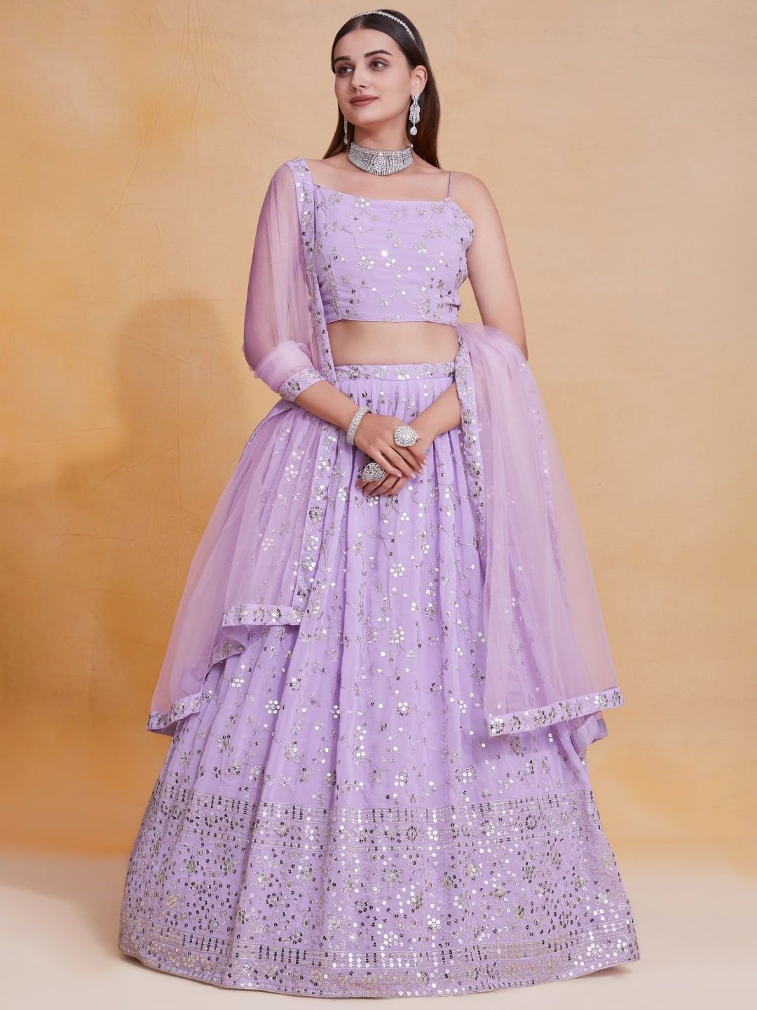 

JIHU CULTURE Embroidered Sequinned Semi-Stitched Lehenga & Blouse With Dupatta, Purple