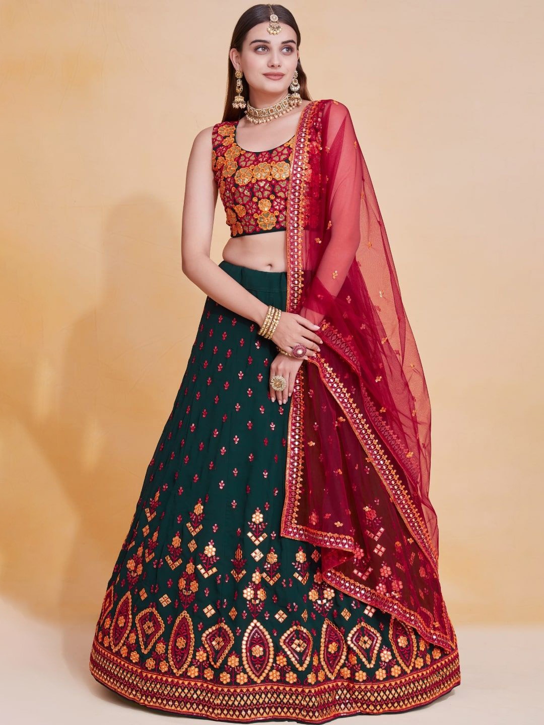 

JIHU CULTURE Embroidered Mirror Work Semi-Stitched Lehenga & Blouse With Dupatta, Green