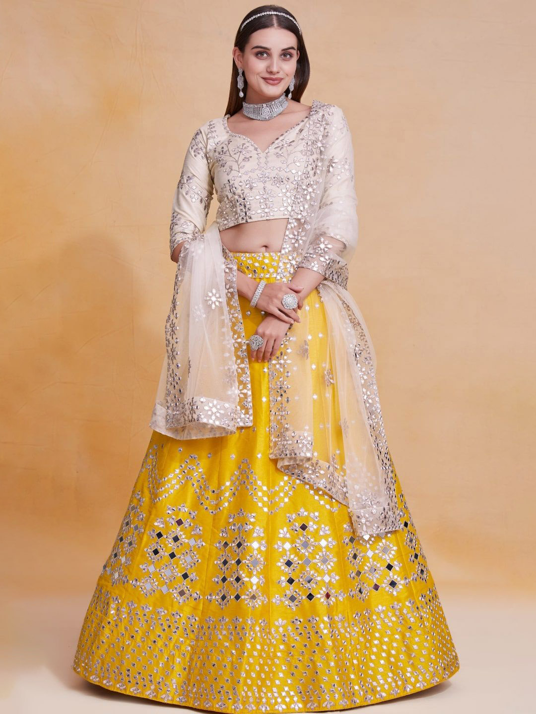 

JIHU CULTURE Embroidered Mirror Work Semi-Stitched Lehenga & Blouse With Dupatta, Yellow