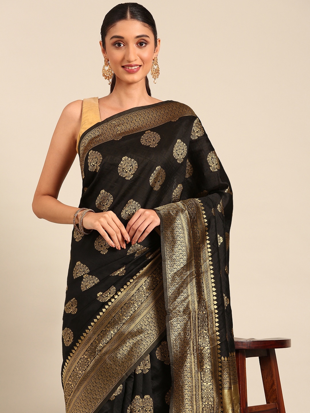 

HERE&NOW Ethnic Motifs Zari Banarasi Saree, Black