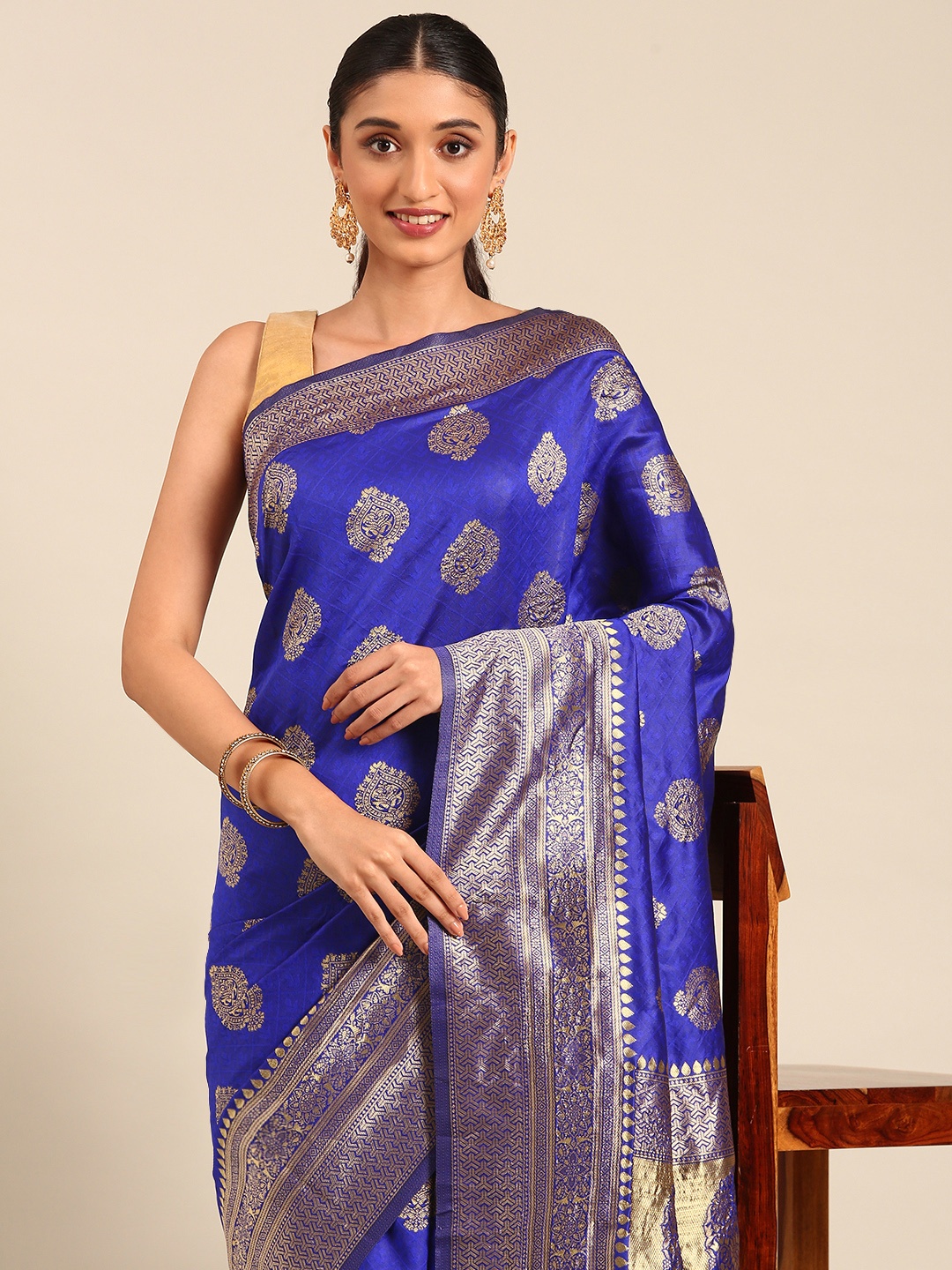 

HERE&NOW Ethnic Motifs Zari Art Silk Banarasi Saree, Blue