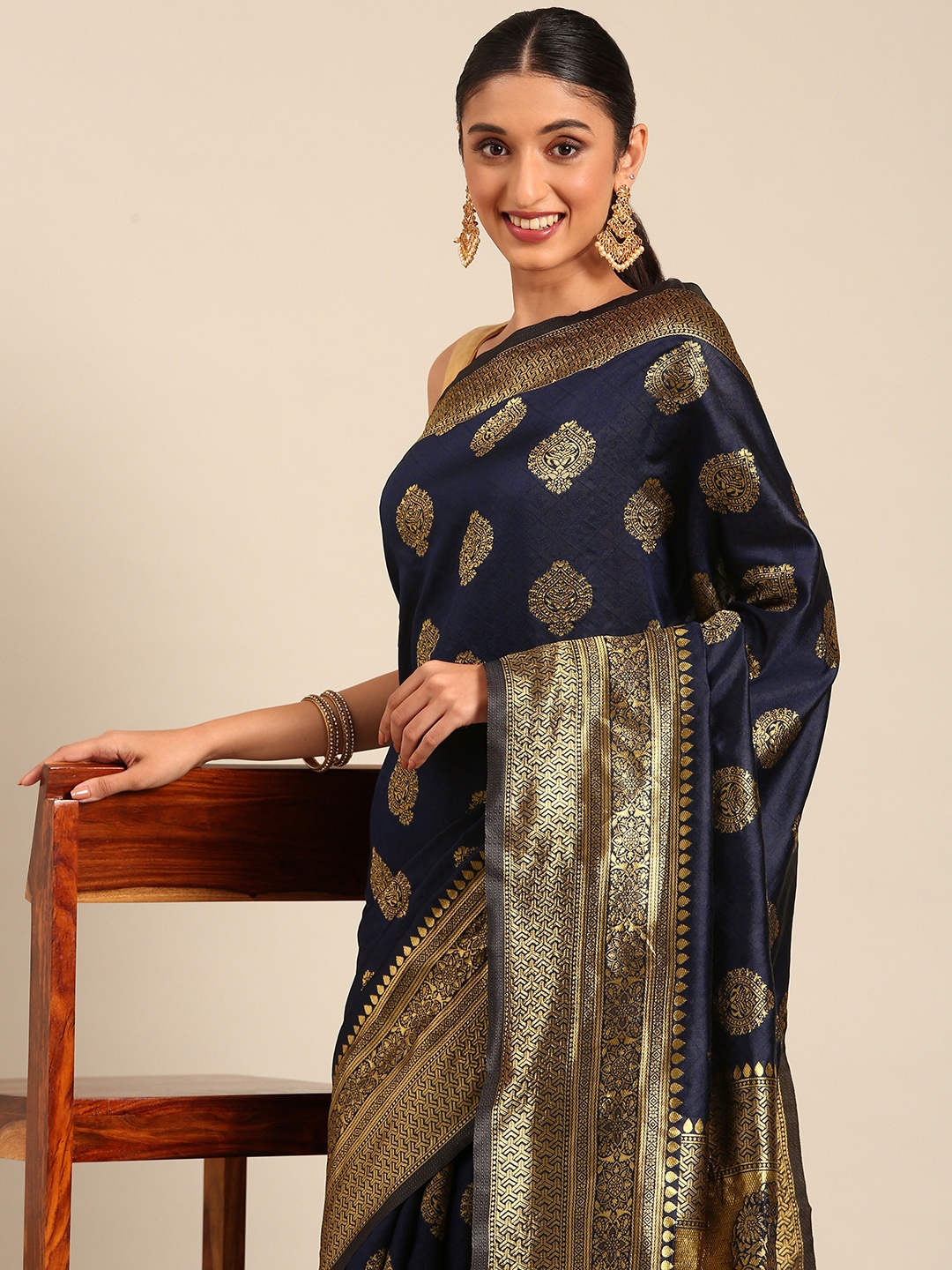 

HERE&NOW Ethnic Motifs Zari Banarasi Saree, Navy blue