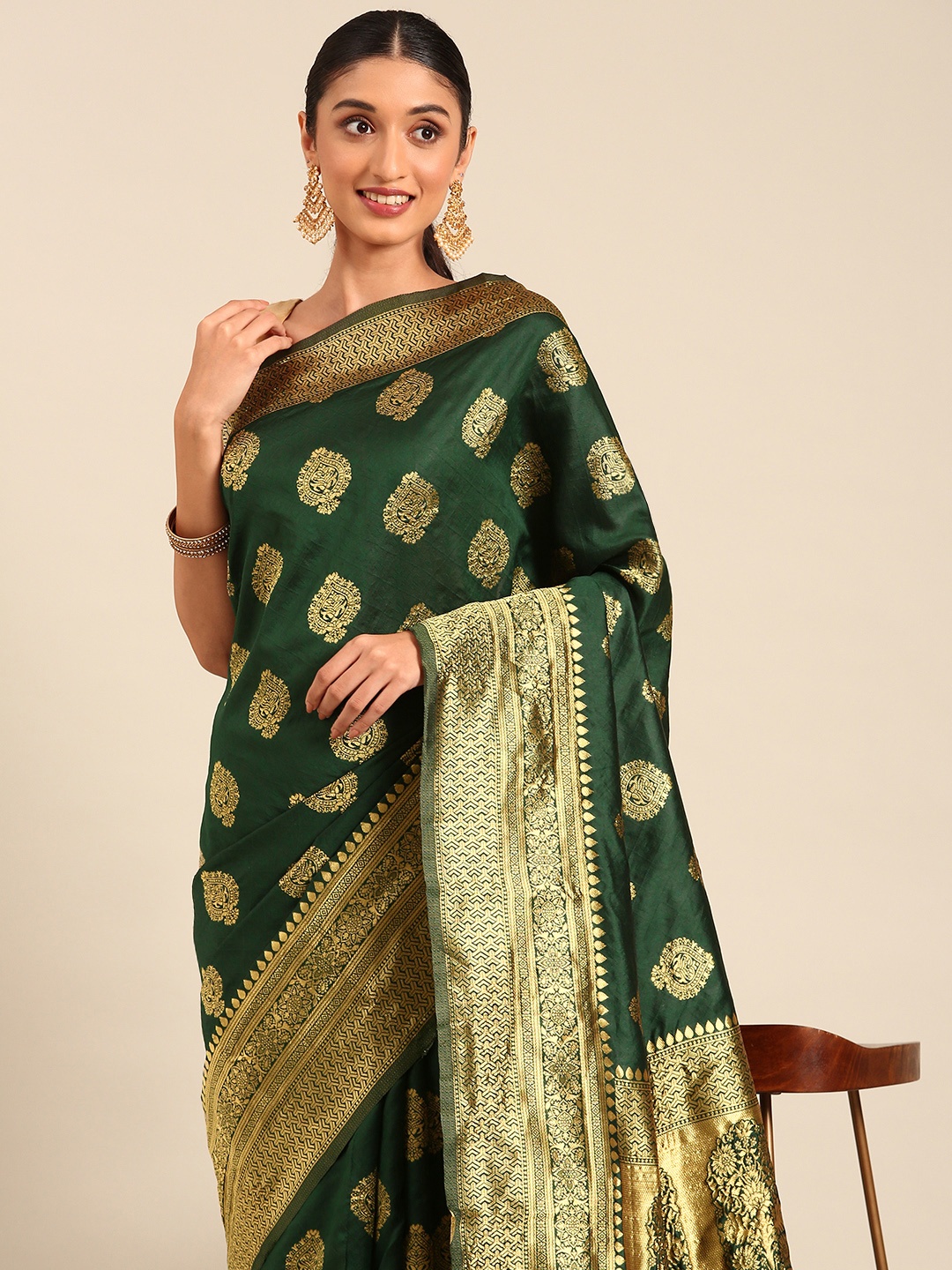 

HERE&NOW Ethnic Motifs Zari Banarasi Saree, Green