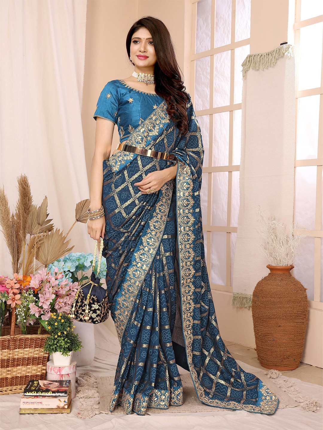 

ALAGINI Woven Design Embroidered Bandhani Saree, Blue