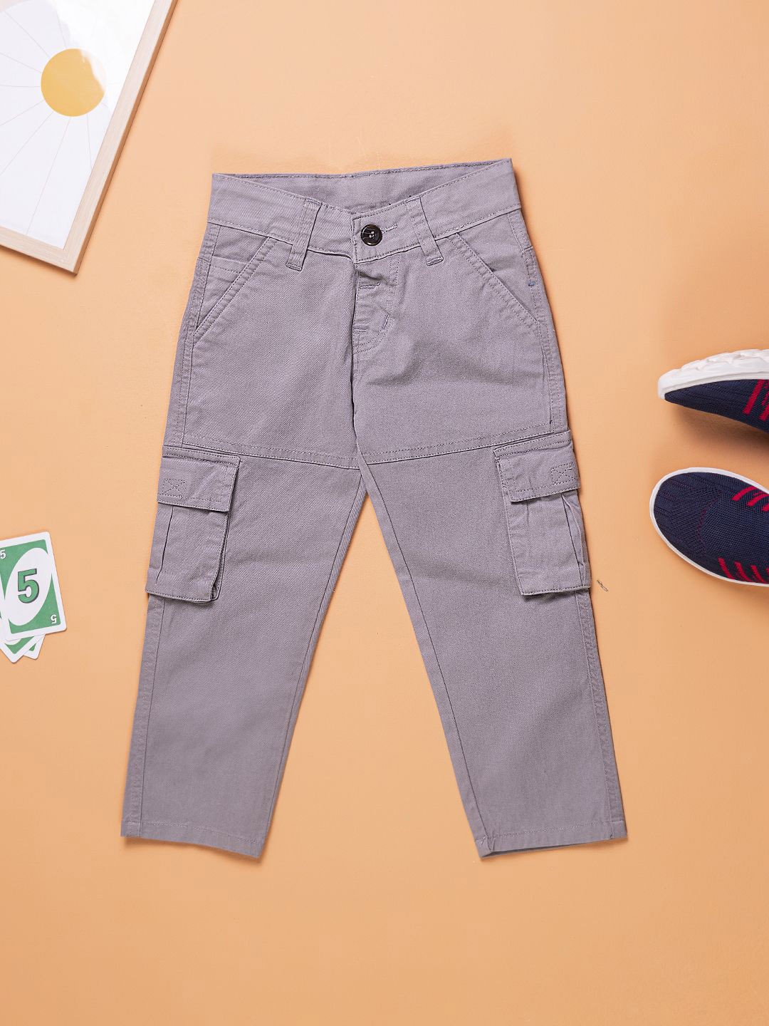 

Purple United Kids Boys Mid Rise Cotton Cargos, Grey