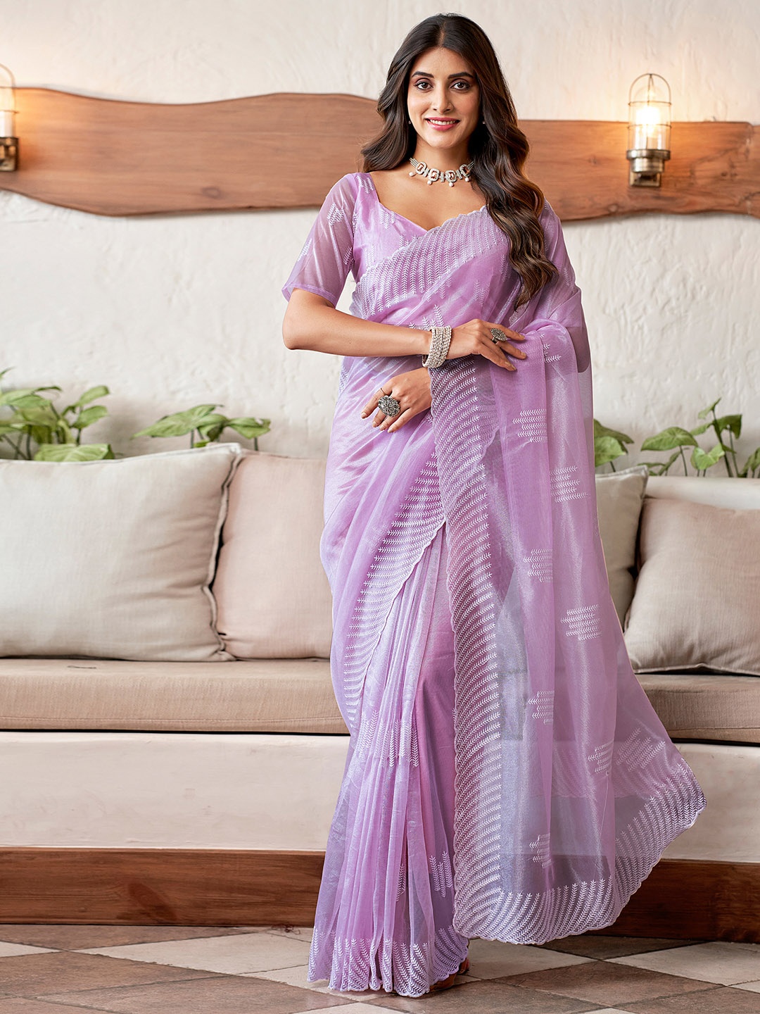 

Satrani Floral Embroidered Organza Saree, Purple