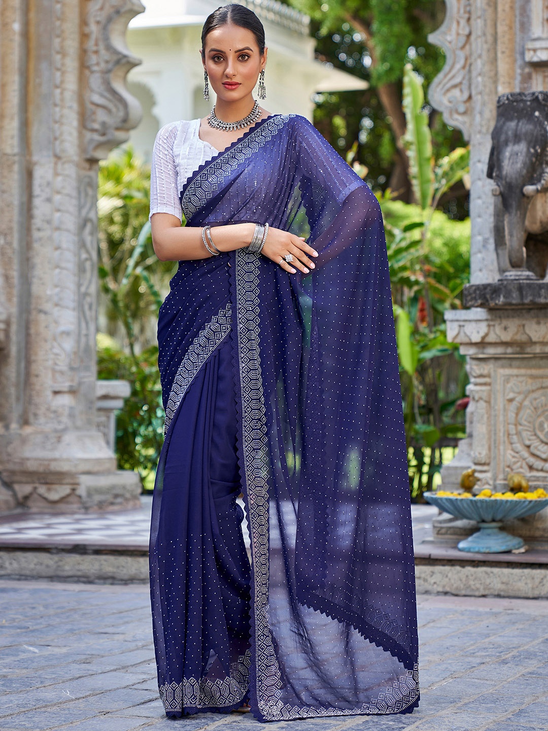 

Satrani Embellished Beads and Stones Pure Georgette Saree, Navy blue