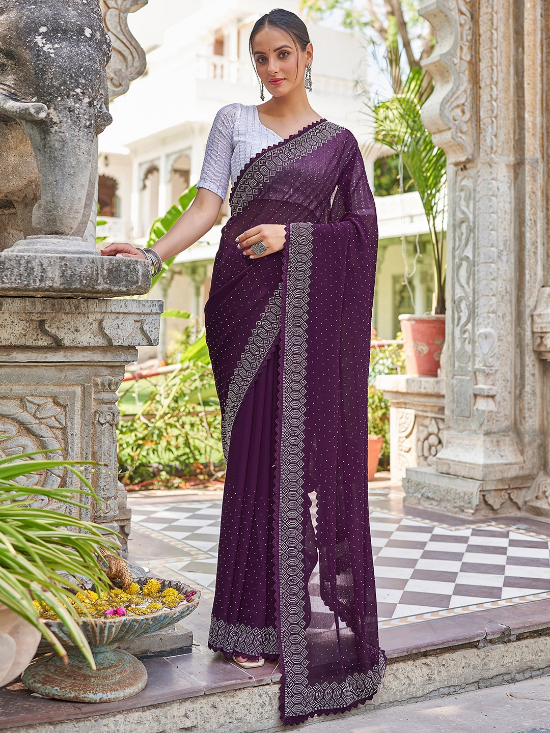 

Satrani Ethnic Motifs Beads and Stones Pure Georgette Saree, Purple