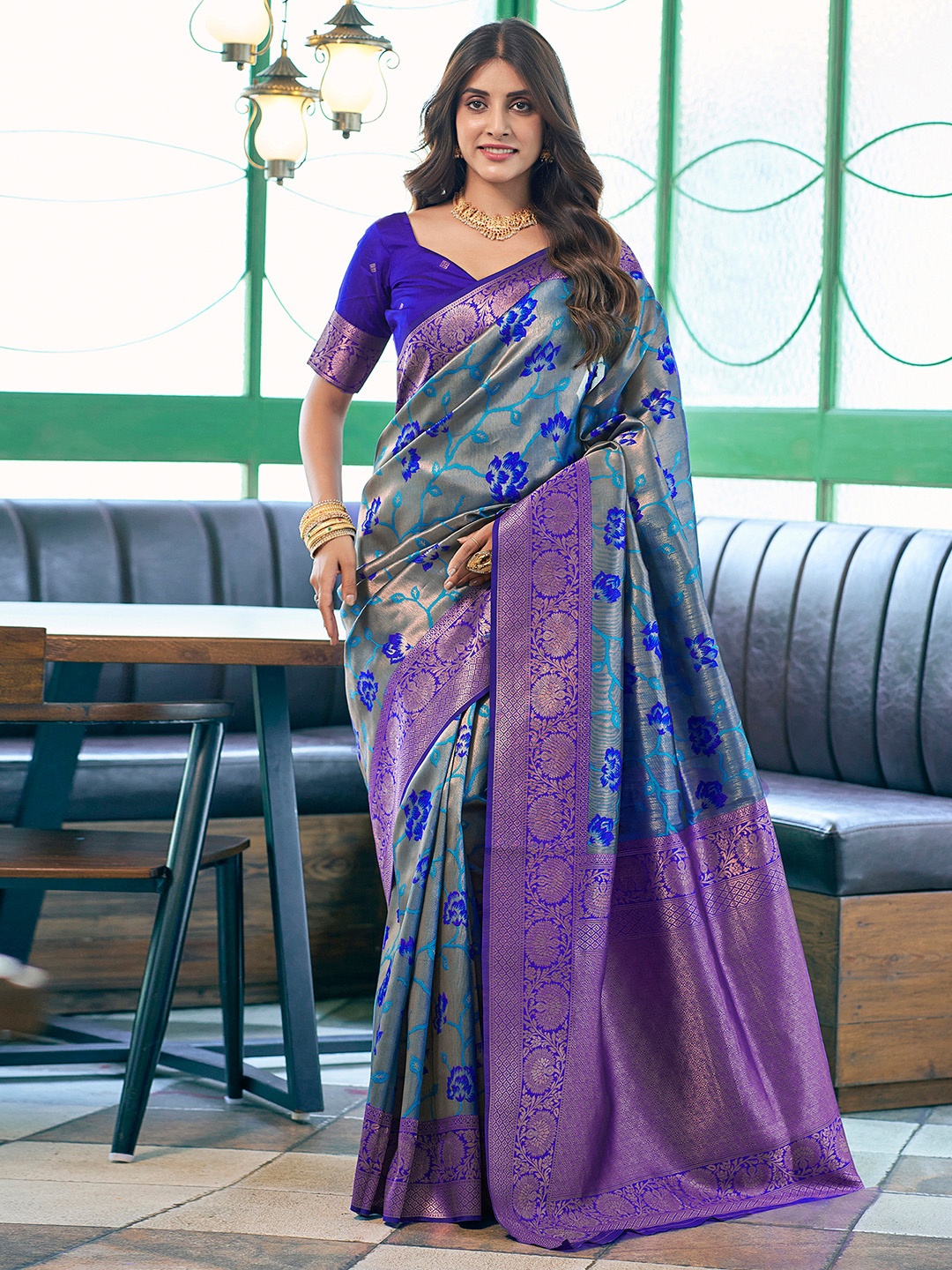 

Satrani Woven Design Zari Banarasi Saree, Turquoise blue