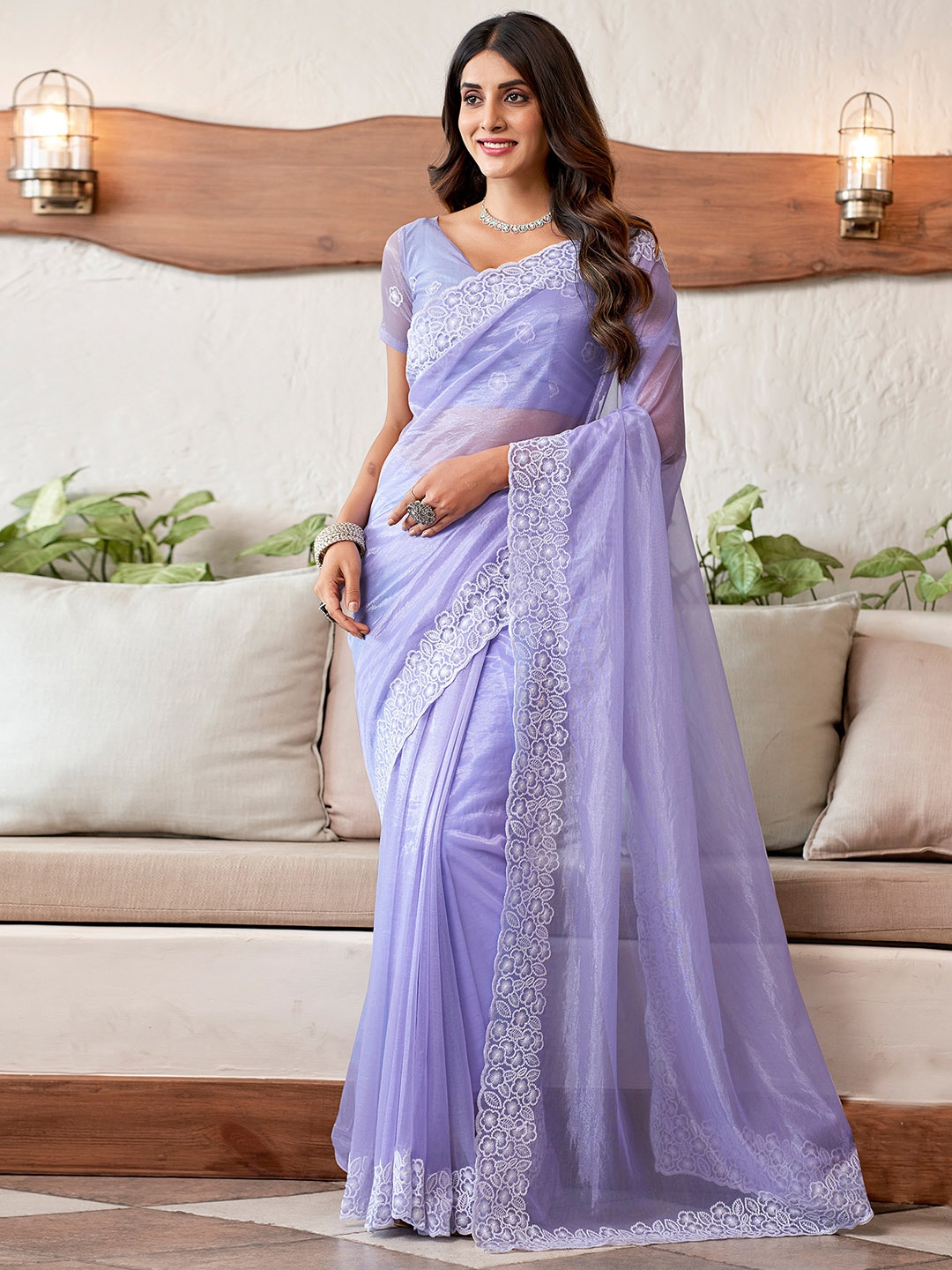 

Satrani Floral Embroidered Organza Saree, Lavender