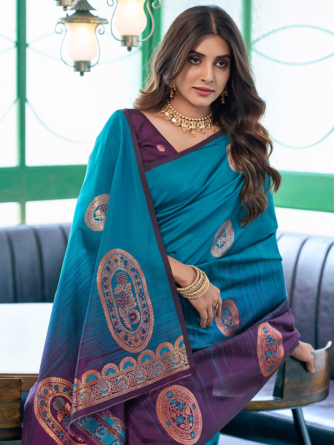 

Satrani Woven Design Zari Banarasi Saree, Teal
