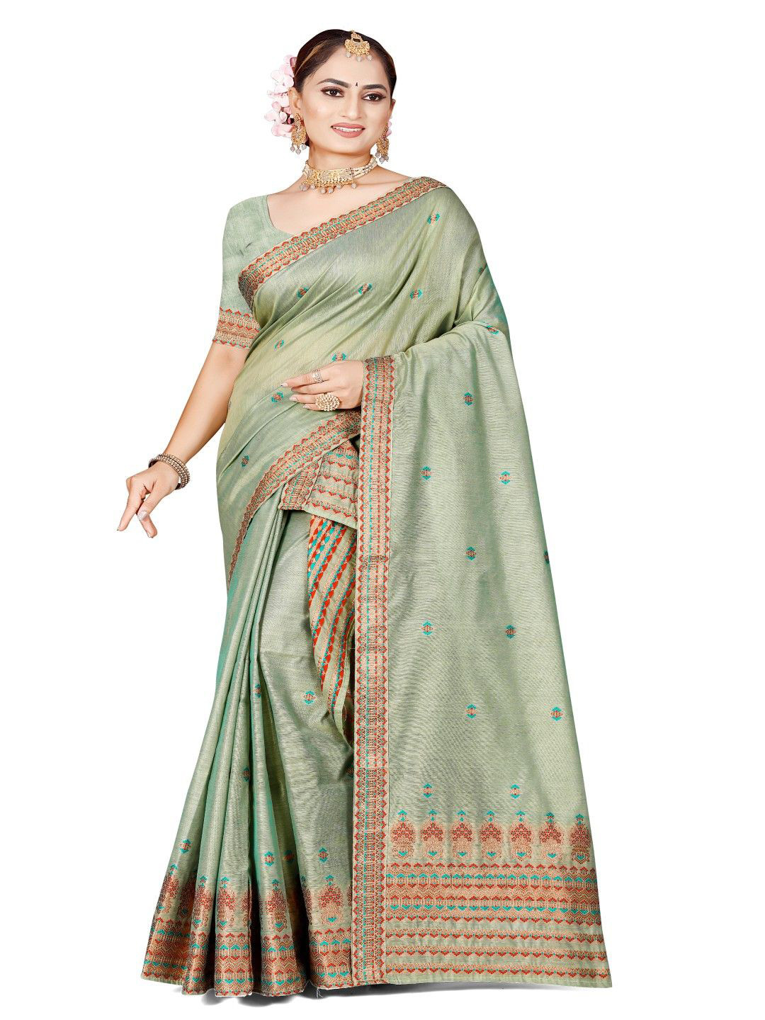 

Skiran's Assamese Mekhela Chador Woven Design Saree, Green