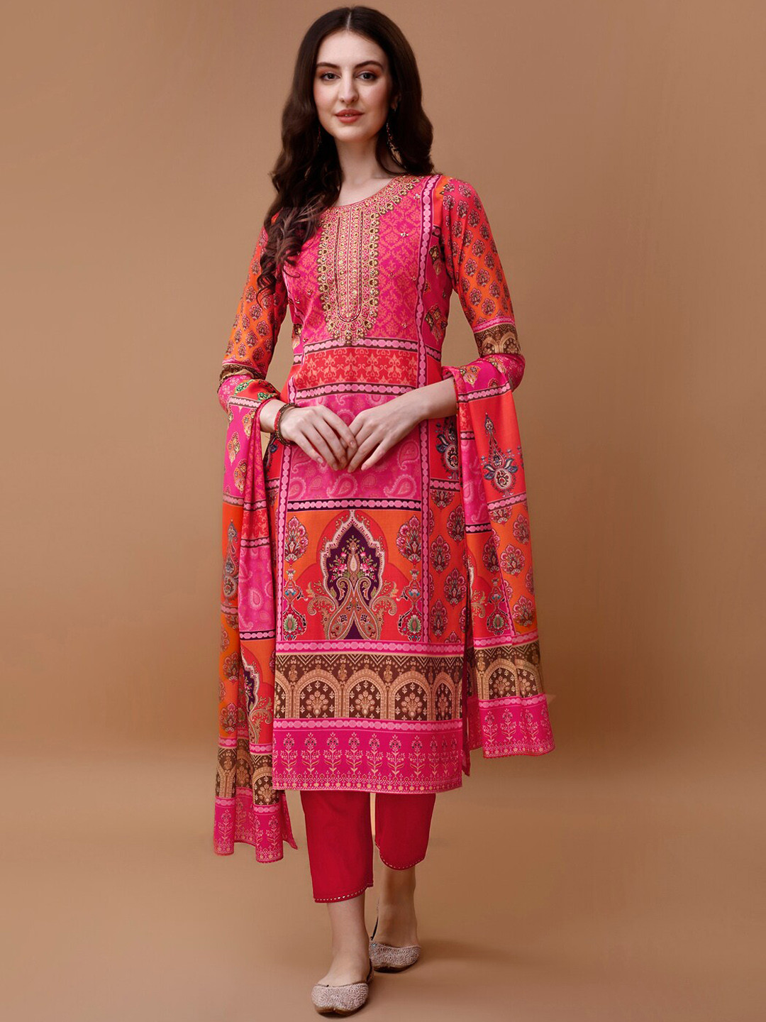 

KALINI Ethnic Motifs Printed Sequinned Pure Cotton Straight Kurta with Trousers & Dupatta, Pink
