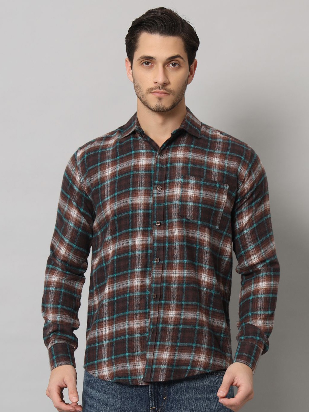 

Bigreams Men Slim Fit Tartan Checked Spread Collar Long Sleeves Cotton Casual Shirt, Brown
