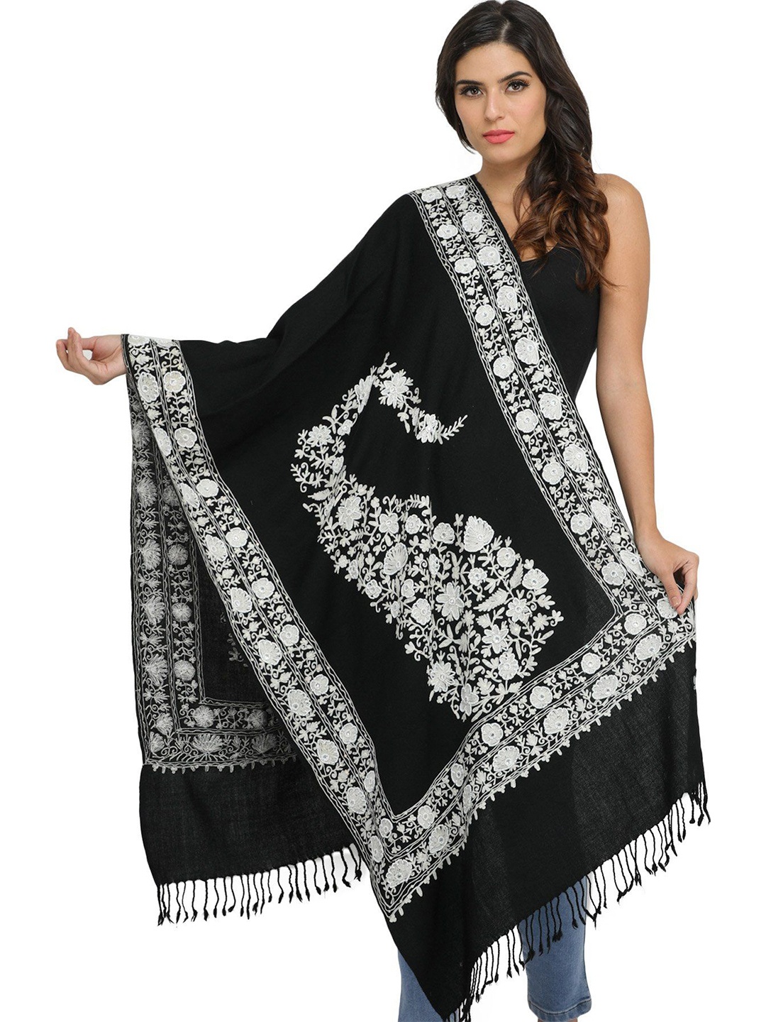 

Exotic India Jet Black Pure Wool Ari Stole with Embroidered-Beads