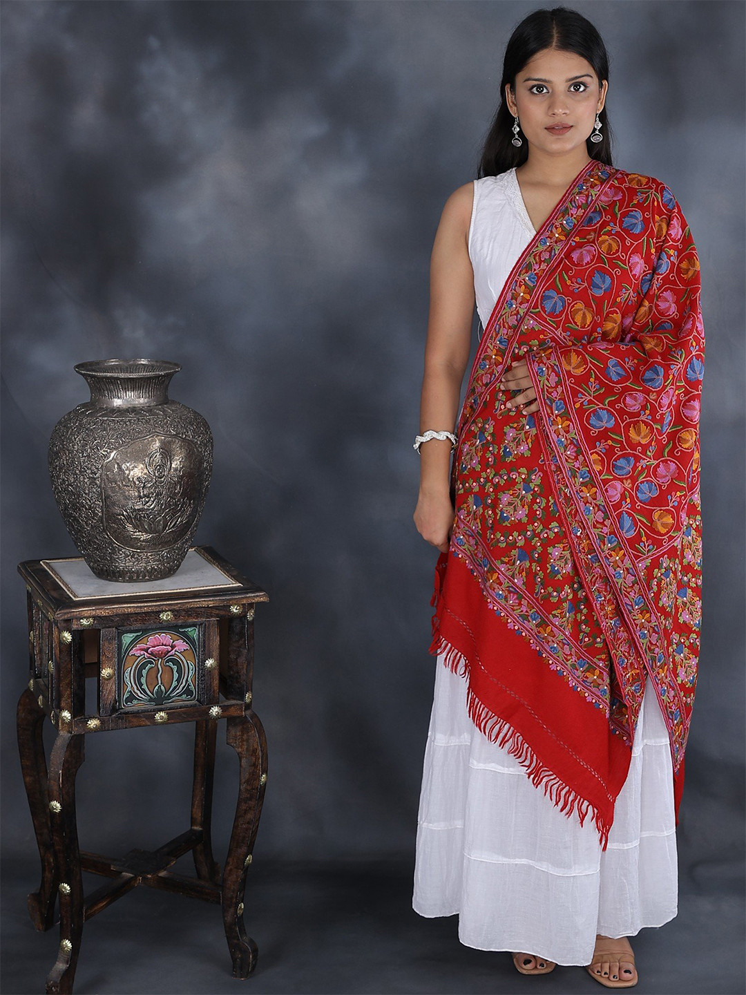 

Exotic India Aari Hand-Embroidered Chinar Leaves Pure Wool Kashmiri Stole, Red