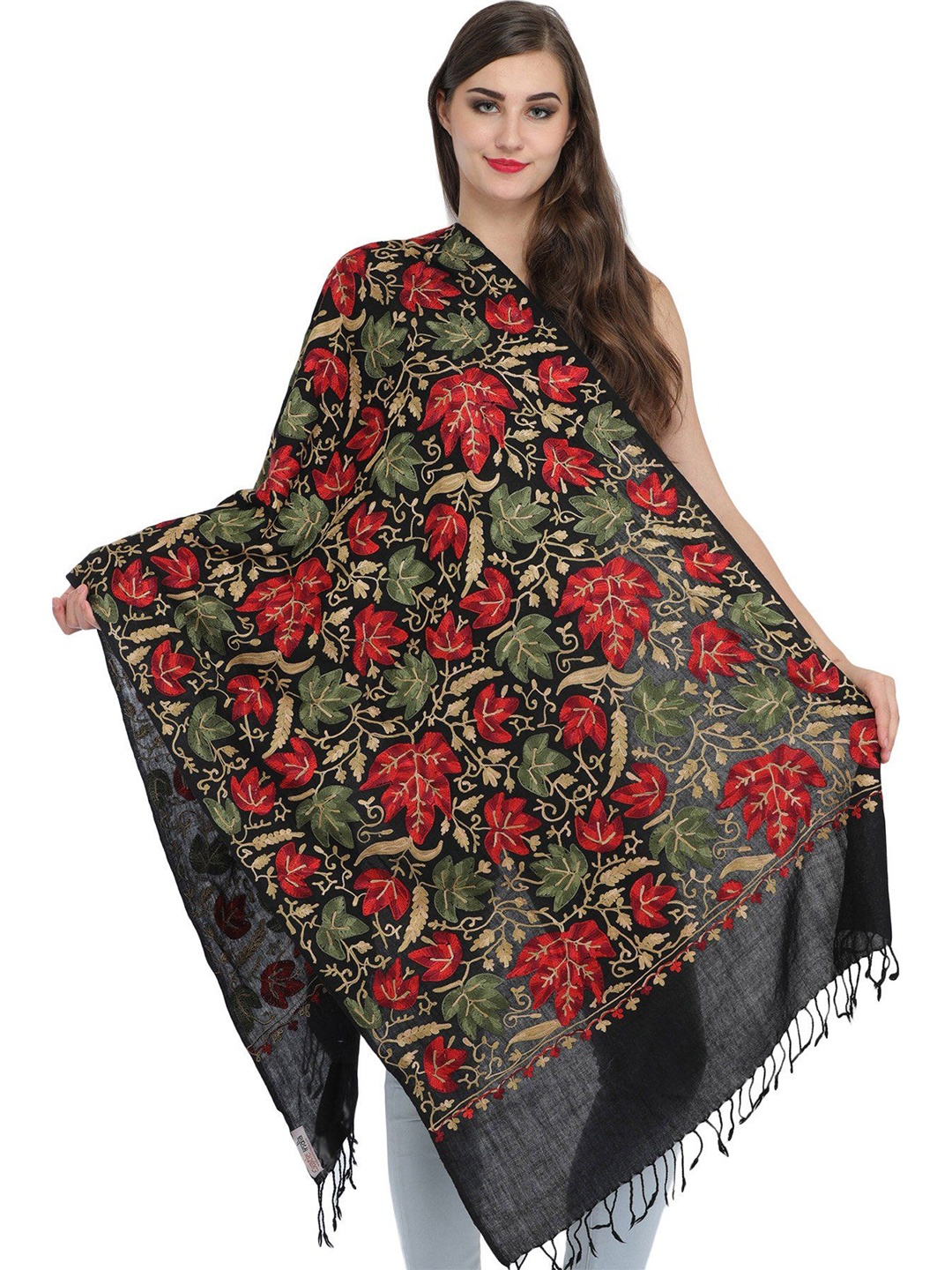 

Exotic India Jet Black Crewel Embroidered Maple Leaves Pure Wool Stole