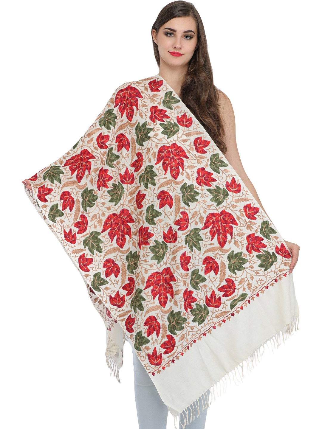 

Exotic India Ivory Crewel Embroidered Maple Leaves Pure Wool Stole, Beige