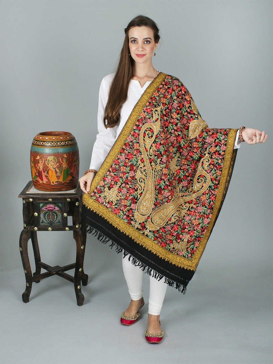 

Exotic India Moonless Night Aari Hand-Embroidered Flower & Bold Paisley Kashmiri Stole, Black