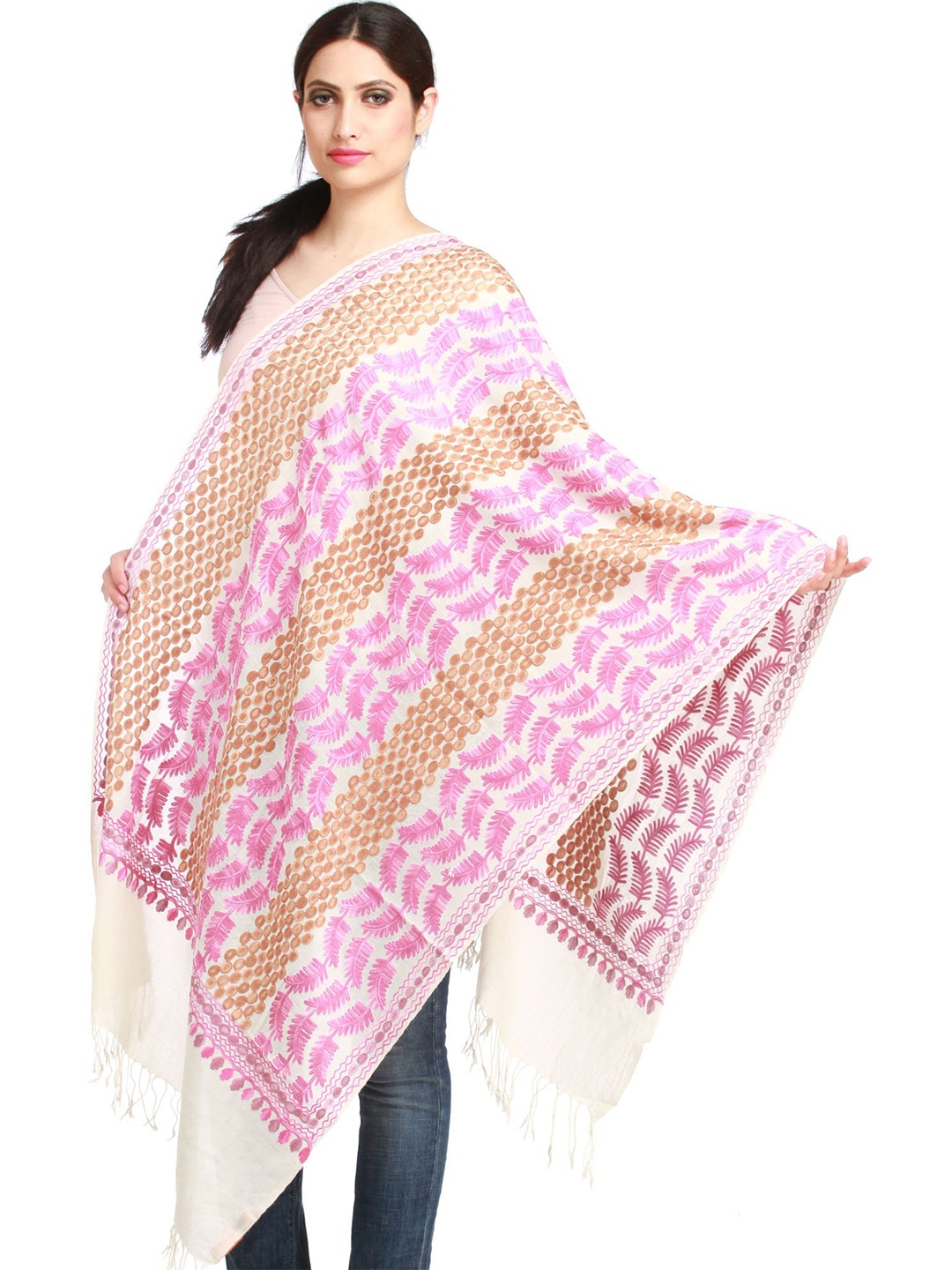 

Exotic India Ivory Aari-Embroidered Pure Wool Stole, White