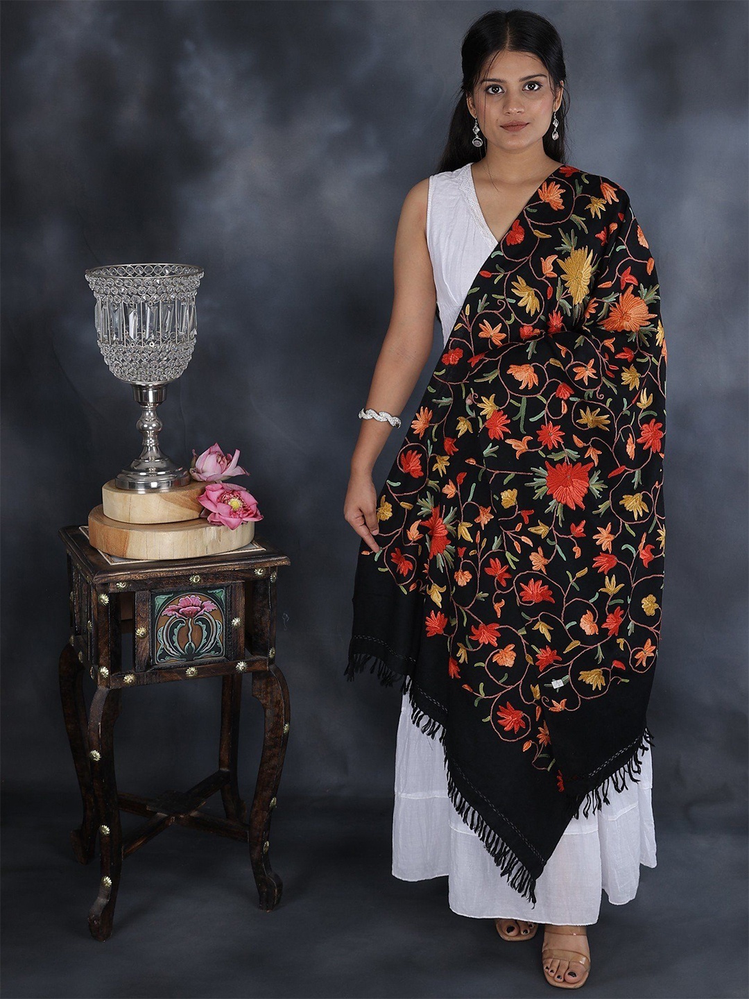 

Exotic India Women Embroidered Woollen Stole, Black