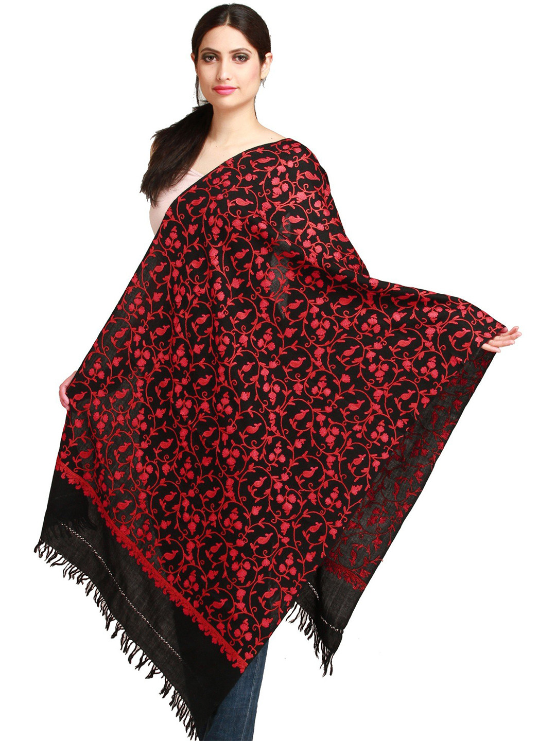 

Exotic India Black And Red Aari Embroidered Paisley Jaal by Hand Pure Wool Kahsmiri Stole